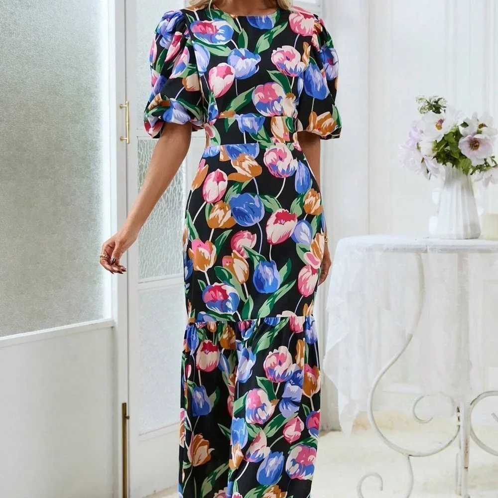 Multicolor Boho Womens Floral Print Puff Sleeve Ruffle Hem Dress - Picture 1 of 5